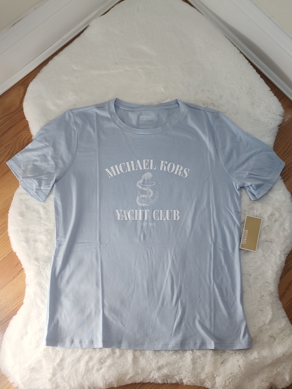 Michael Kors Pastel Blue Yacht Club Nautical Graphic Tee Short Sleeves Size M